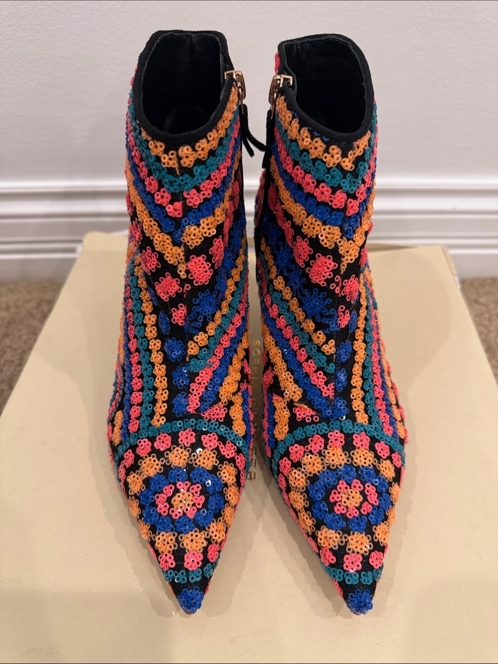 Sophia Webster Rainbow Sequin Booties 37.5 Art Deco Statement Heels NWT - Picture 3 of 10